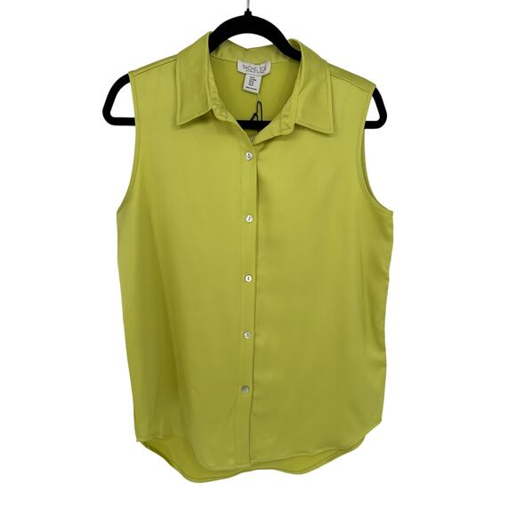 Rachel Zoe New! Green Satin Button Down Shirt Sleeveless Notch Collar Office M - Picture 1 of 8